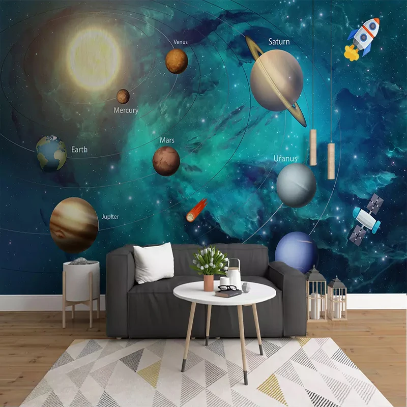 

Custom 3D Photo Wallpaper for Children's Room Backdrop Wall Decor Blue Sky Space Universe Moon Rocket Painting Waterproof Canvas