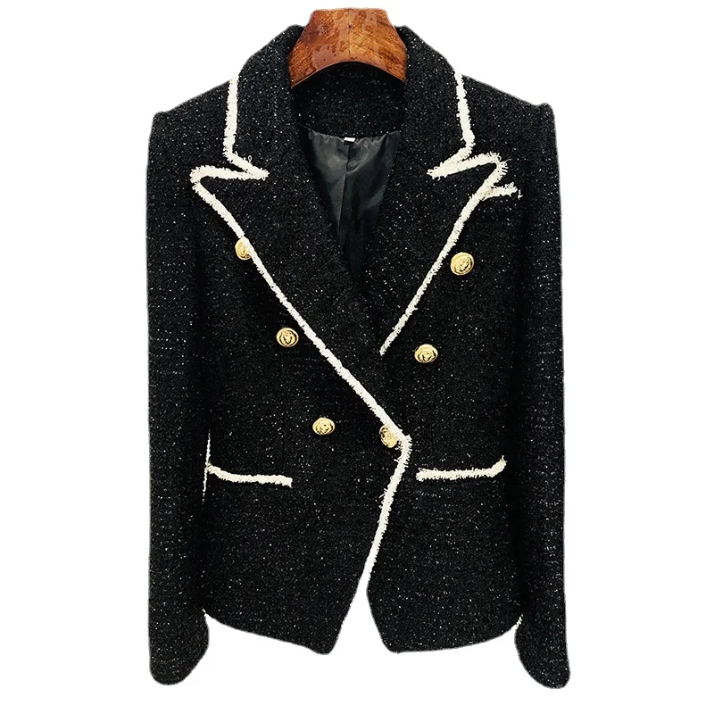 

2024 Spring Women's Modern Blazers White Tweed with Black Whiskers New in Jackets Ladies Autumn Gold Button Slim-fit Suit