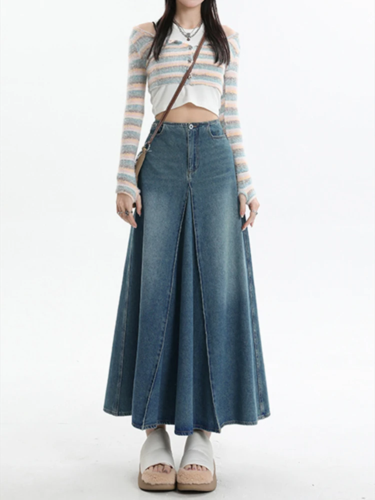 

Maxi Long Skirts Women England Style Vintage Autumn Winter High Waist Jean Skirt Ladies A-Line Ruffle Pleated Denim Skirt