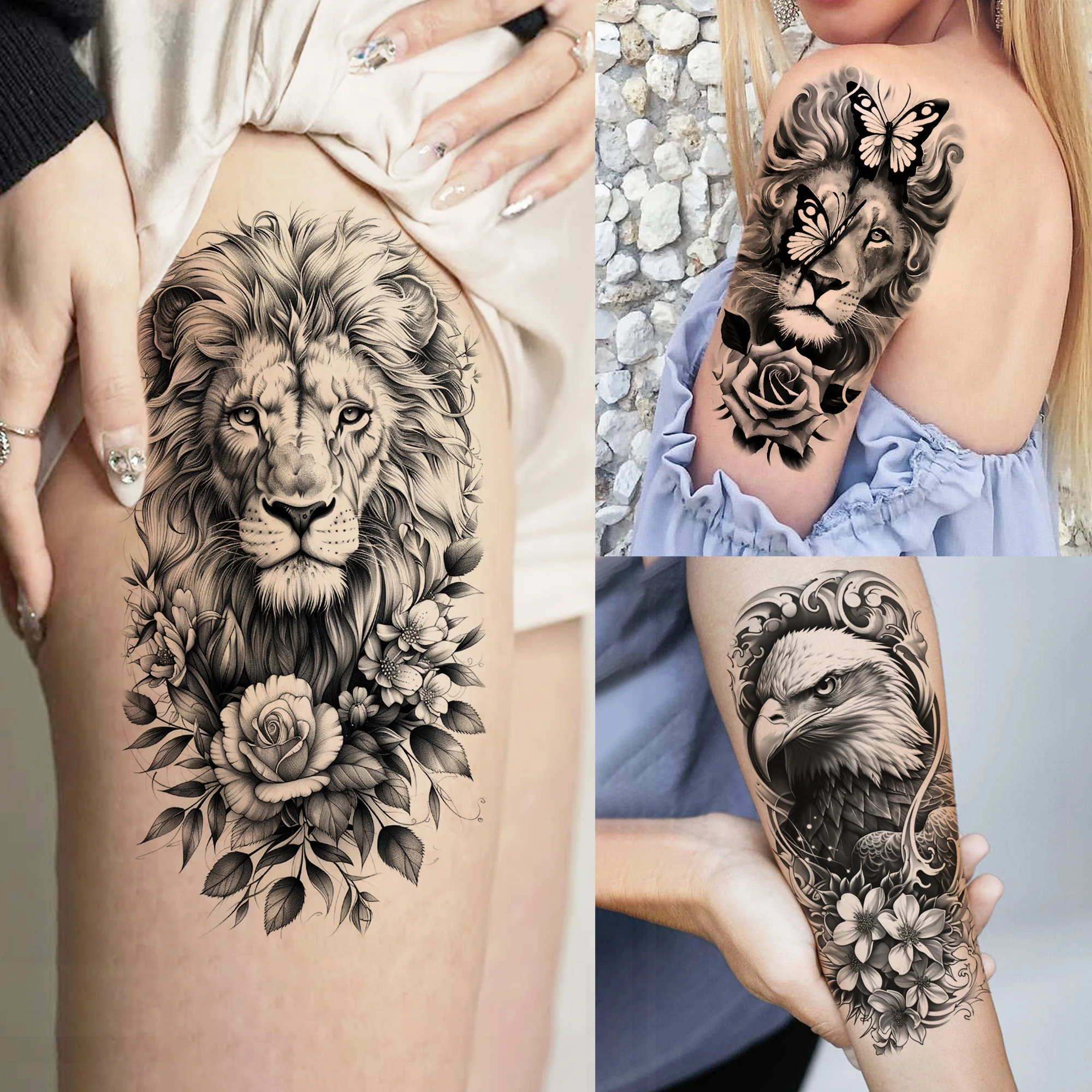 1 Sheet Realistic Sketch Lion Eagle With Flowers Temporary Tattoos For Women Girls Tatoo Body Art Waterproof Fake Tattoo Sticker