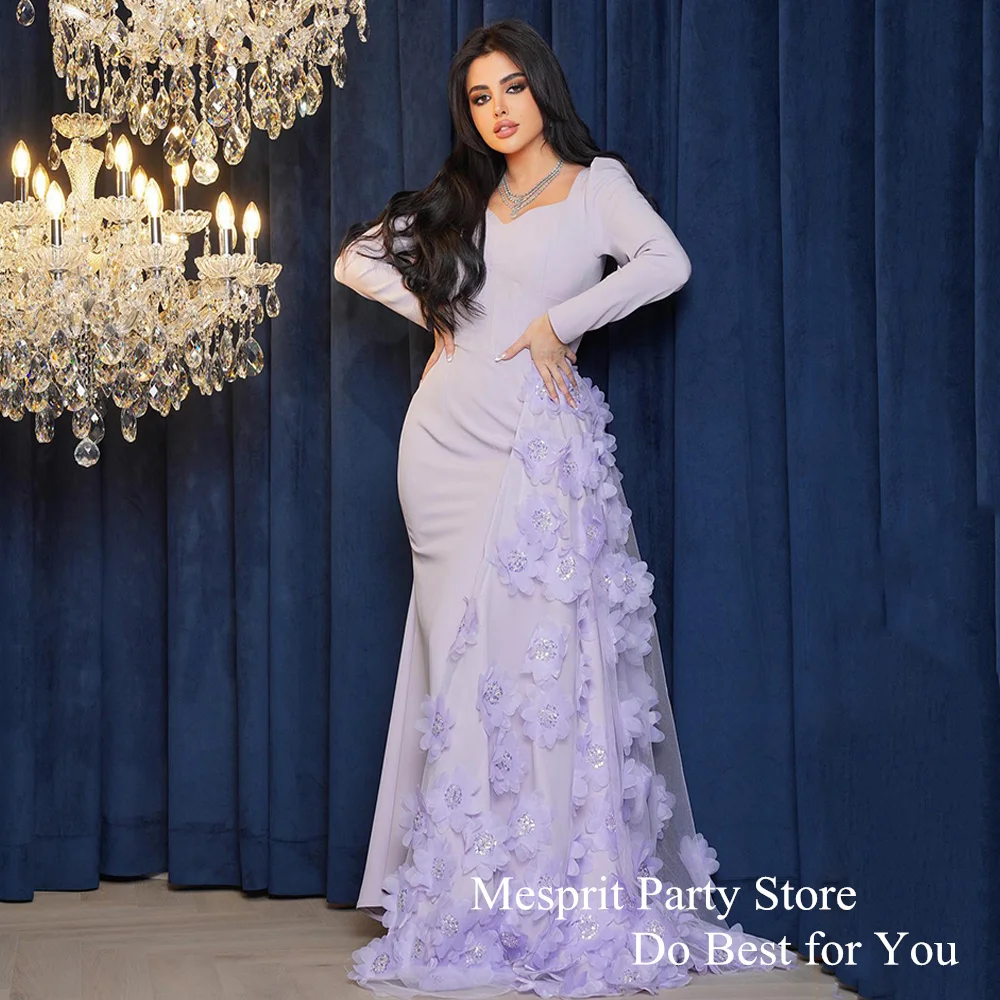 

Lilac Saudi Evening Dress Elegant V Neck Long Sleeves Sequined Flower Jersey Mermaid Party Gown Arabic Formal Prom Dresses
