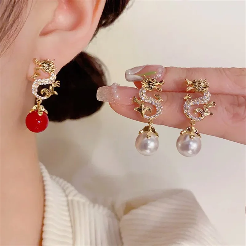 New Year Dragon Earrings Pearl Diamond Ear Hoops Fashion Vintage Chinese Zodiac Metal Earrings Ear Decor Girl Women Gifts