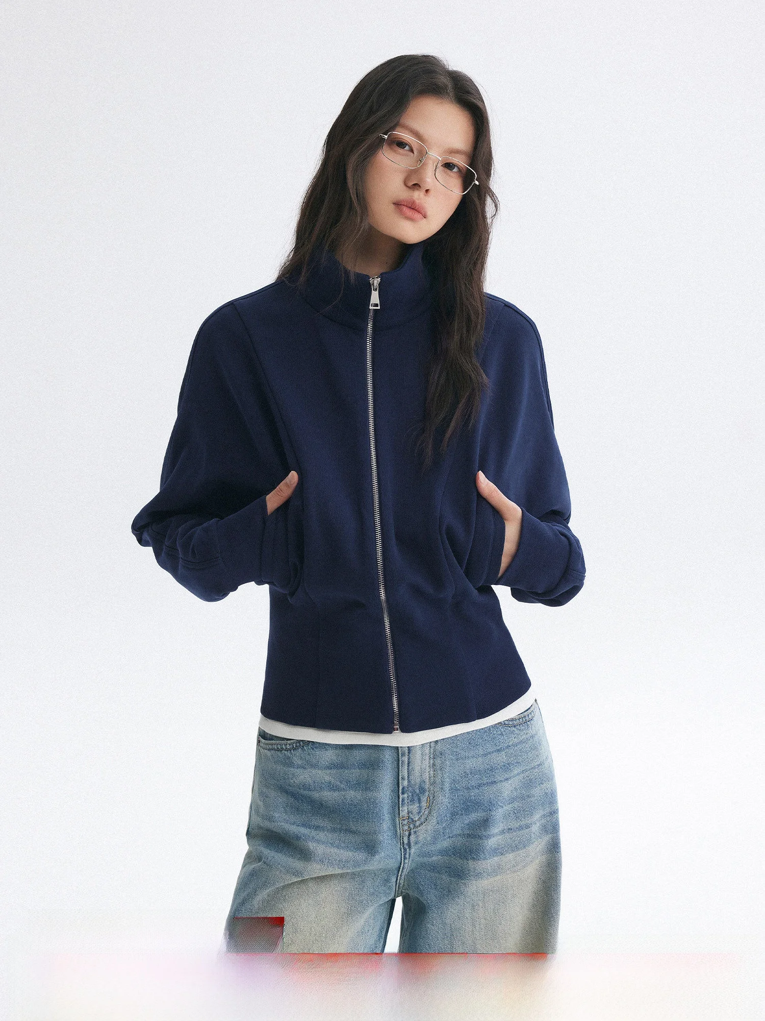 

MOLY CHO Sli Casual ort Sweatirt Jaet Waist-Cinching Stand Collar Effortl Faion Women's Zipper up Top