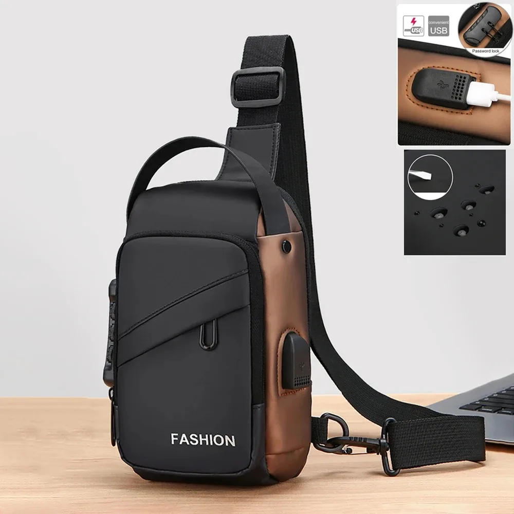 Men Sling Backpack Crossbody Chest Bag with USB Charge Port Anti-theft Motorcycle Rider Male Small Messenger One Shoulder Bags