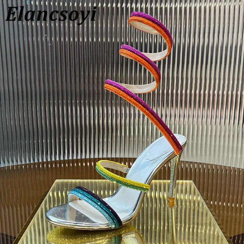 Sandalias de gladiador de tacón alto para mujer, zapatos de fiesta sinuosos con diamantes de imitación brillantes en forma de serpiente, tacones finos sexis, Sandalias con punta abierta