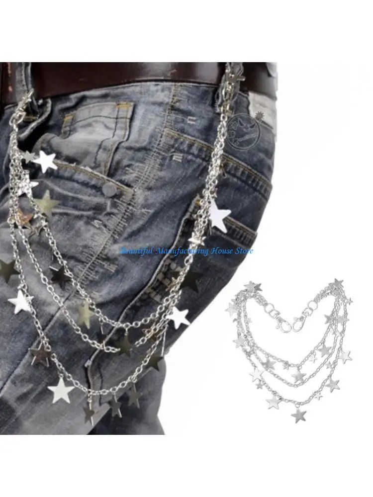 

E56A Punk Gothic Layered-Star Pants Chain Multilayer Jeans Chains Pocket Hip Hop Rock Chains for Women Men Trousers Chains