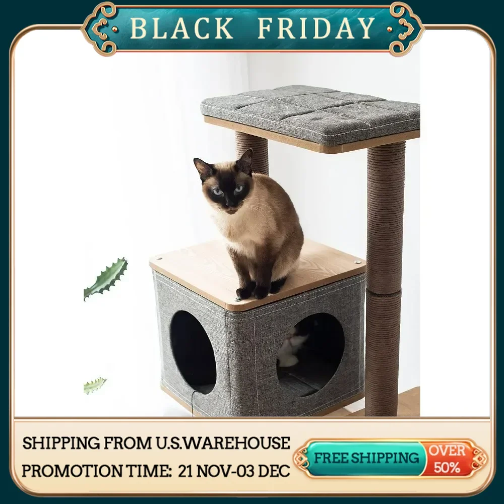 Cat Tower, Three story Elevated Cat Tree Apartment with Sisal Grab Pillars and Particle Board, and a Massage Arch, Gray