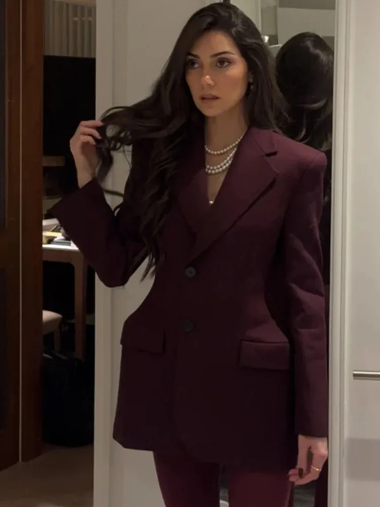 BKQU Single Breasted Full Sleeve Elegant Suit Jackets Women Burgundy Lapel Pockets Commute Slim Blazer Coat 2025 Chic Streetwear