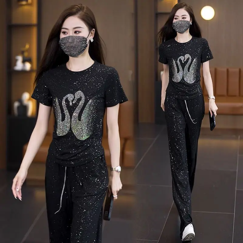 

Модный повседневный комплект с широкими брюками и блестящим топом с бриллиантами, молодежный, стильный, летний, новинка, комплект из двух предметов