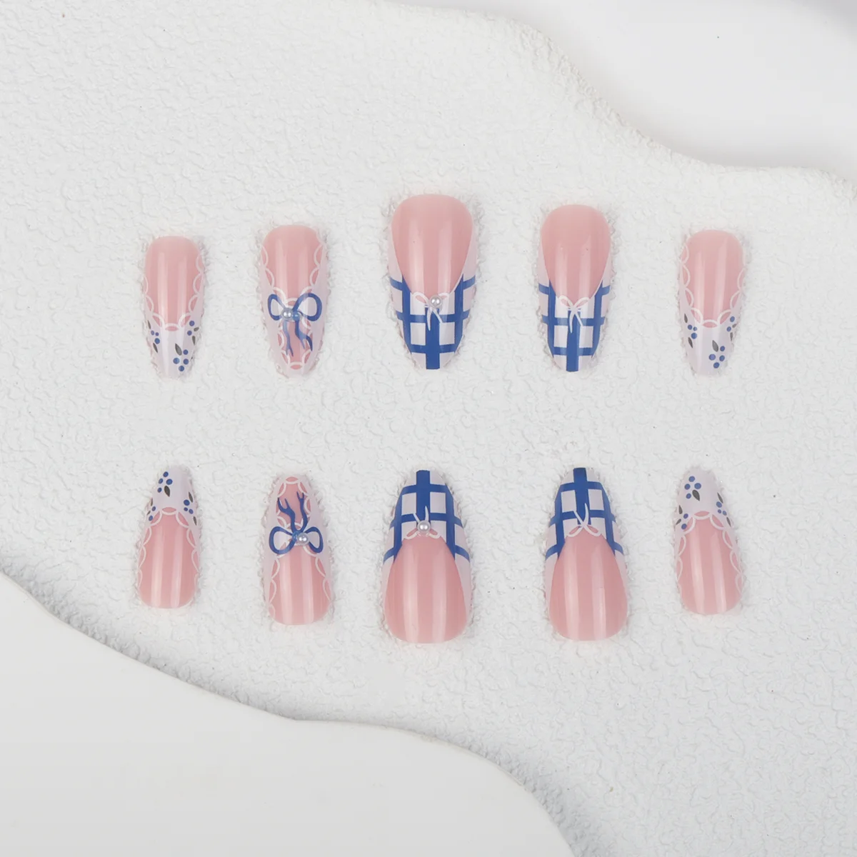 24 Pieces Reusable ABS Blue French Bow Pattern Almond Fake Nails with Press on Nail Tips