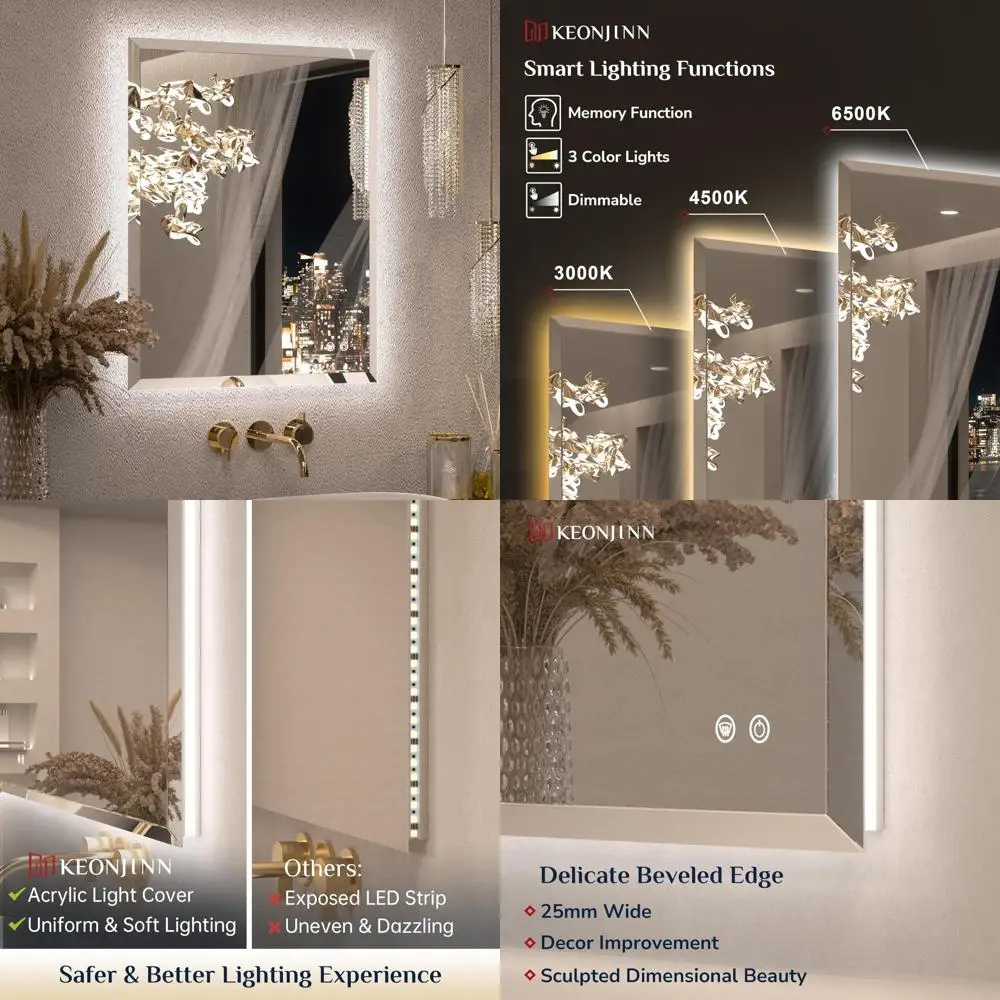 

Светодиодное зеркало Keonjinn с подсветкой, 24 x 30 дюймов, скошенное зеркало для ванной комнаты с подсветкой, внесенное в список UL, безопасное закаленное стекло, 3 цвета подсветки