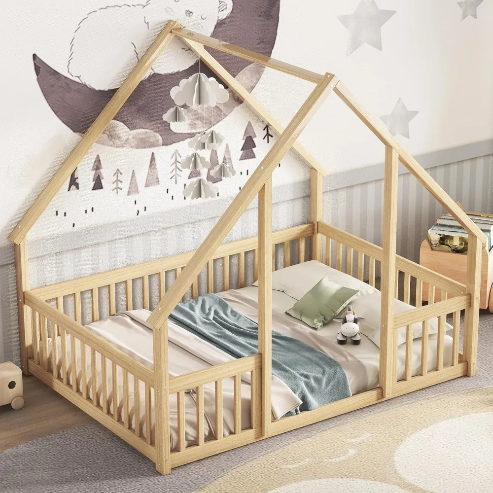 

Full Floor Bed for Kids, Girls, Boys, Wood House Bed Frame, Full Size Montessori Floor Bed with Fence