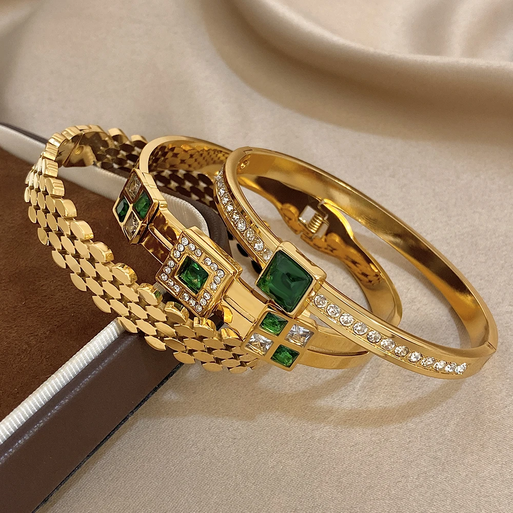 Greatera Light Luxury Style Green Square Zirconium Series Cuff Bracelet Unique Stainless Steel Artistic Exaggerate Women Bangle
