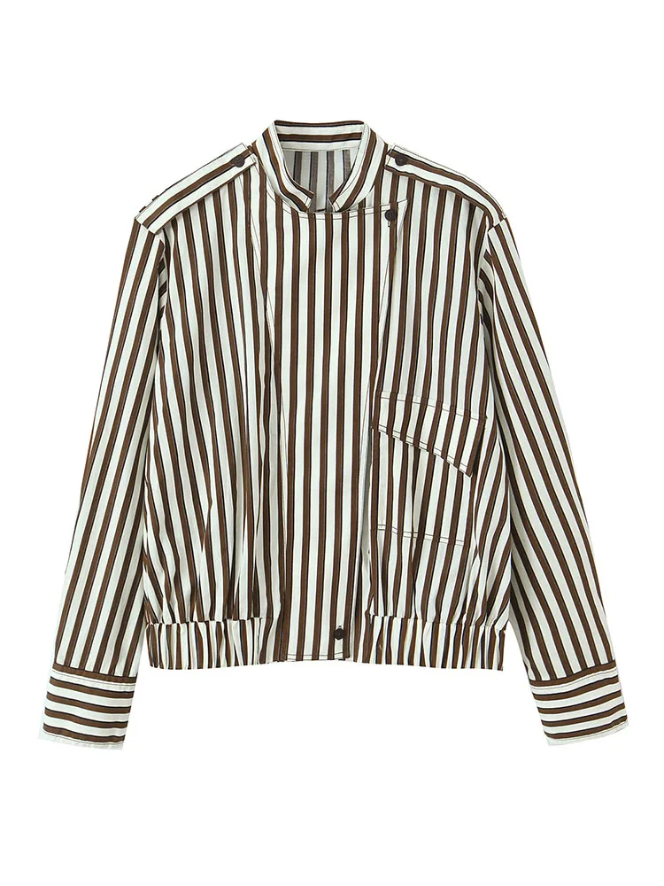 

HH Fashion Women Asymmetrical Single-Breasted Pockets With Decorative Stripes Shirt Woman Long Sleeves Casual Loose Street Top