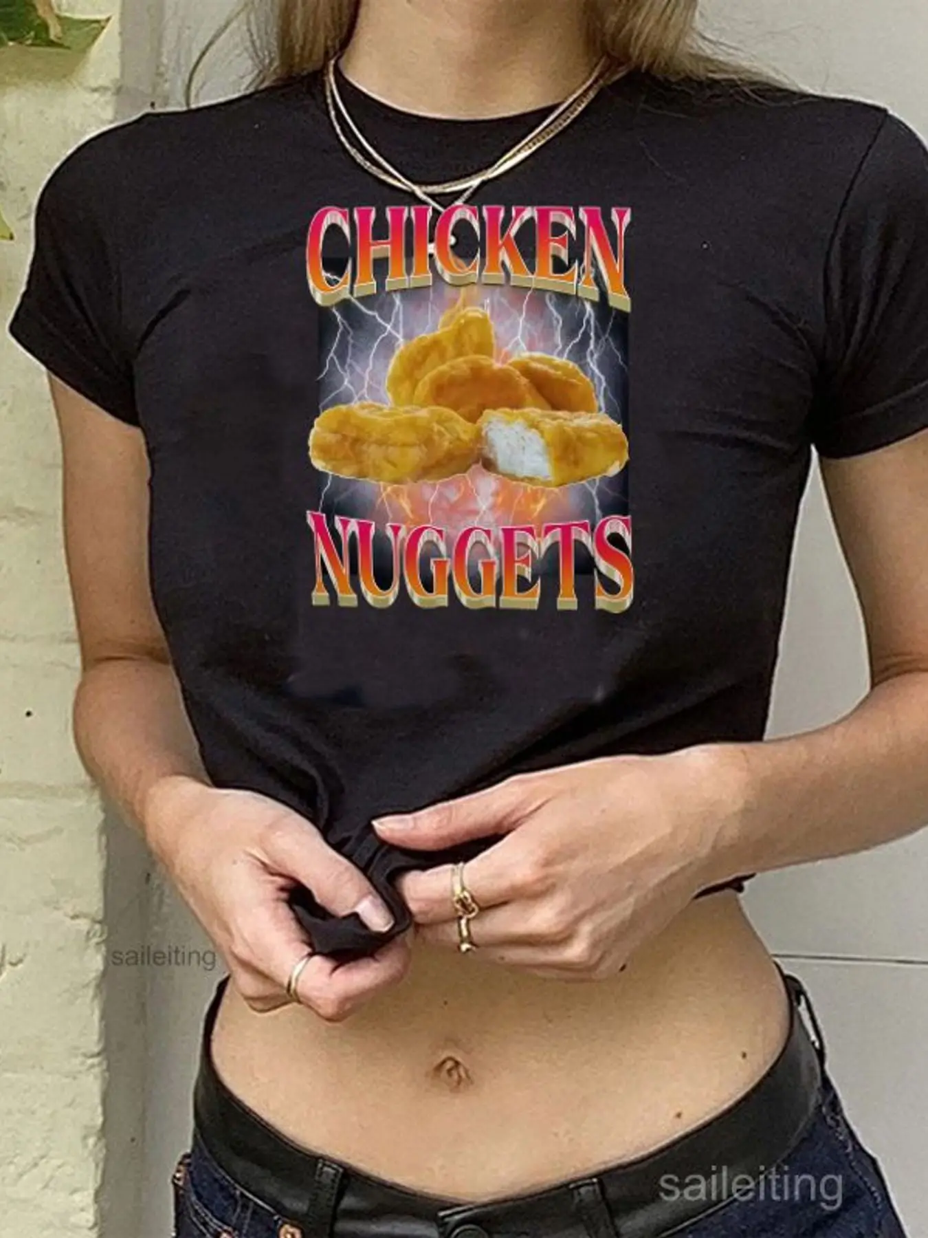 Funny Chicken Nuggets Crop Top Women Short Sleeve Graphic Tee Red Yellow Gradient Lightning Print Summer Casual Streetwear T-