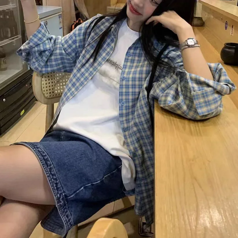 

Autumn New Design Slim Fit Polo Collar Polyester Cotton Blend Top Blue Plaid Long Sleeve Women's Shirt Jacket Early