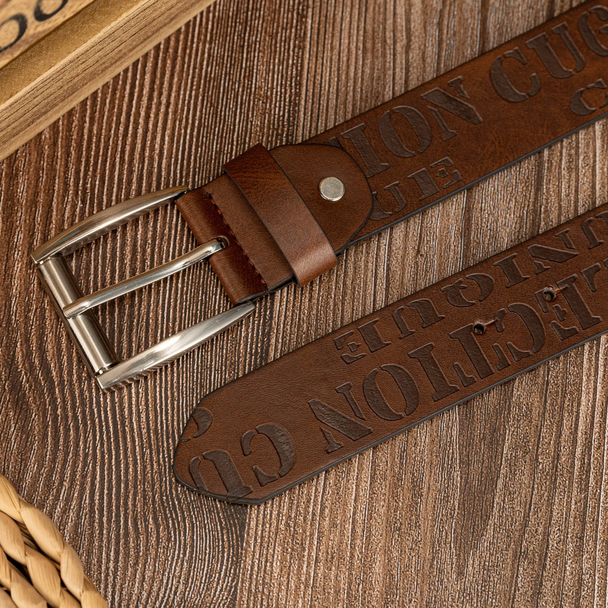 Needle buckle casual versatile double-row letter PU embossed belt