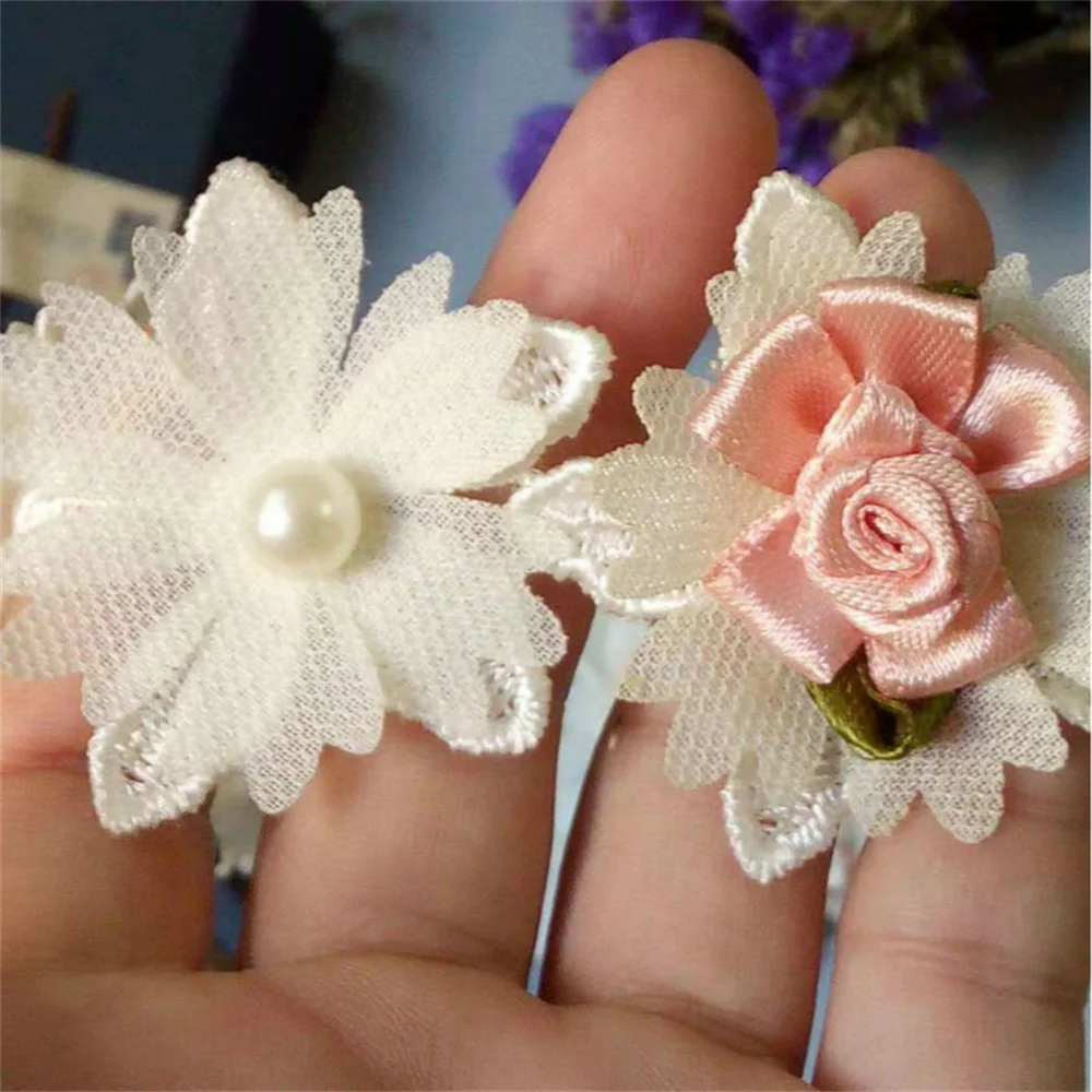 10X Soluble Ivory Pink Pearl Flower Embroidered African Lace Fabric 2018 High Quality Lace Trim Ribbon Sewing Craft For Costume