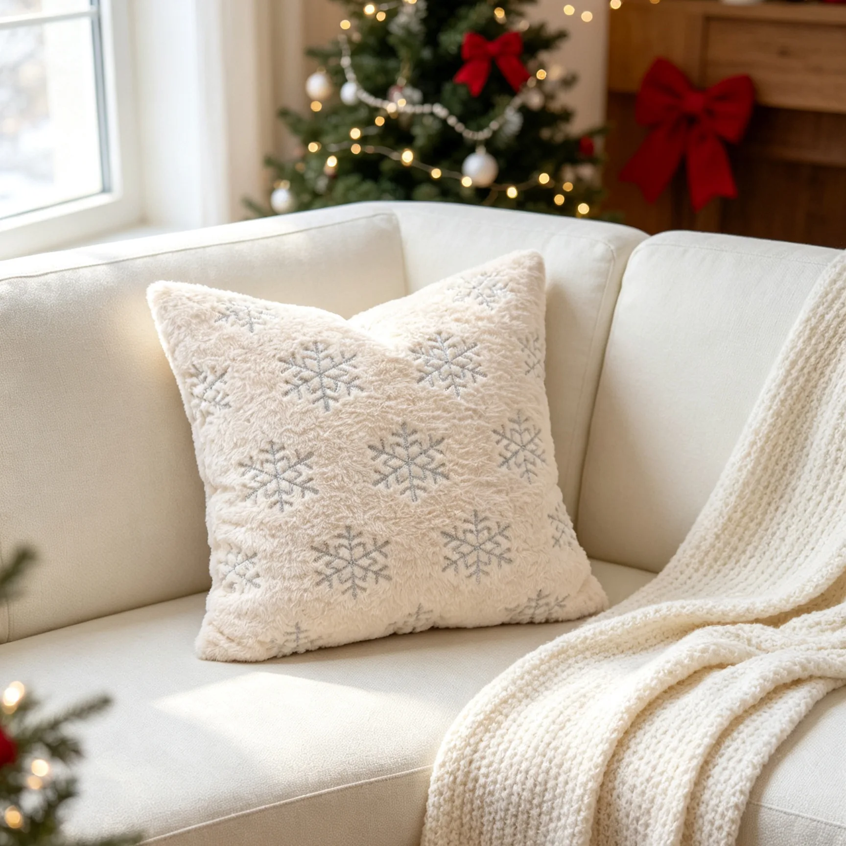 Weihnachtlicher Schneeflocken-Plüsch-Kissenbezug, Sofakissenbezug für Wohnzimmer, festliche Atmosphäre, dekorative Kissenbezüge – Detail 5