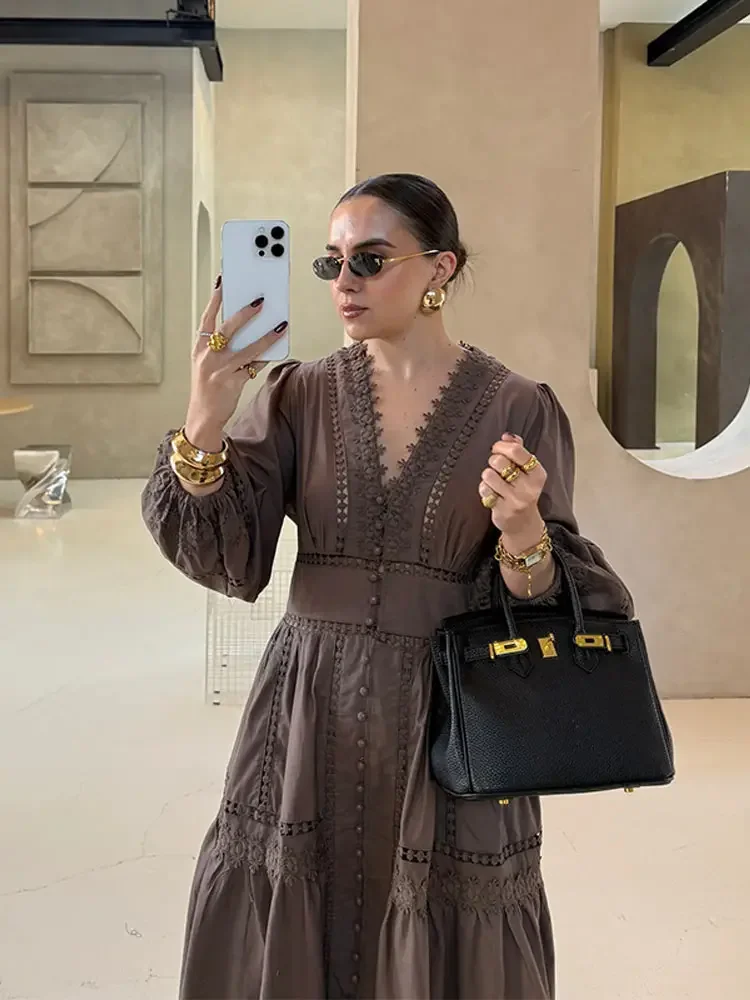 レースロングドレス レディース Vネック パフスリーブ Aラインワンピース 女性用 新作 夏 パーティー ホリデー ビーチウェア