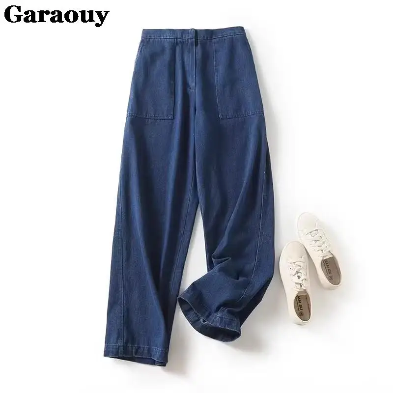 Garaouy 2023 Women Vintage Lapel Belt Loose Denim Shirt Jacket Coat+Elastic High Waist Wide Leg Jeans Pants Casual Simple Suit