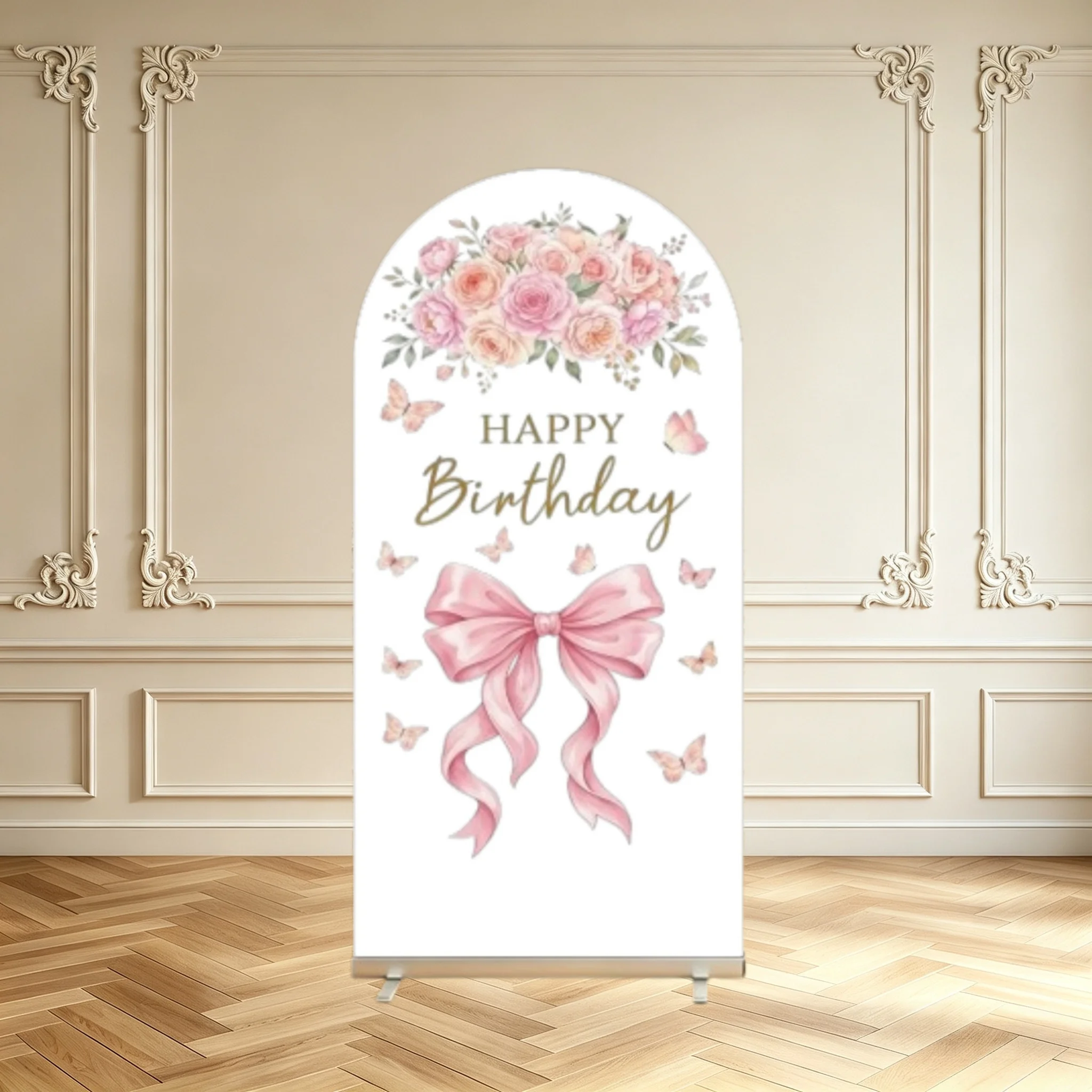 Watercolor Pink Rose Arch Backdrop Cover Butterfly Bow Floral Striped Girls Birthday Decoration Baby Shower Party Arch Covers
