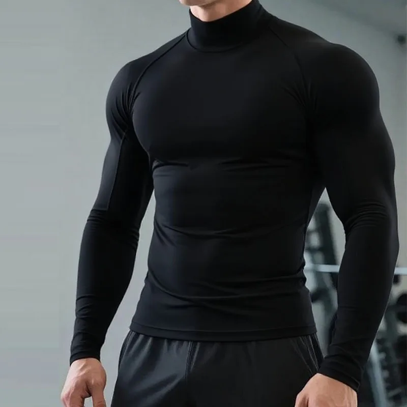 Men High Neck Compression Shirt Long Sleeve Quick Dry Breathable Tight Athletic Base Layer For Gym Fitness Running Training Spor