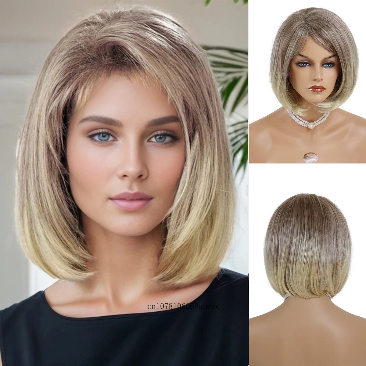 

Natural Synthetic Hair Ombre Brown Blonde Wigs for Women Ladies Short Straight Bob Wig with Bangs Daily Party Costume Mommy Wig