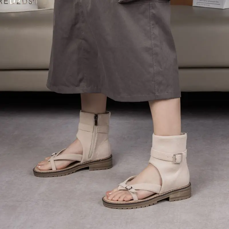 REAVE CAT Roman Style Female Sandals Clip Toe Flats Flock Suede Zipper Belt Buckle Large Size 41 42 43 Leisure Daily Soft Shoes