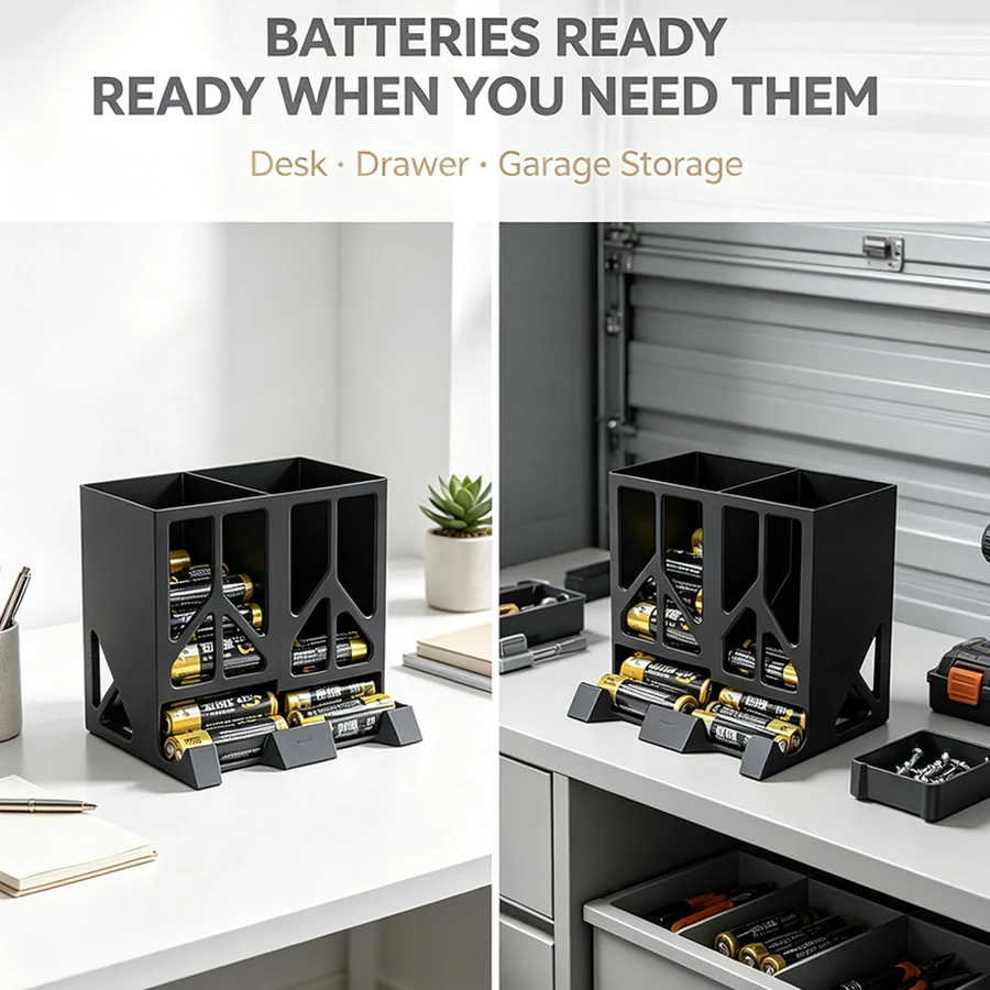 Dual-Compartment Aa/Aaa Battery Storage Dispenser, Automatic Battery Storage Holder, Quick-Access Design Battery Storage Box, Sturdy Battery Organizer, Suitable for Desktop / Drawer / Garage / Workshop / Tool Cabinet / Home Office