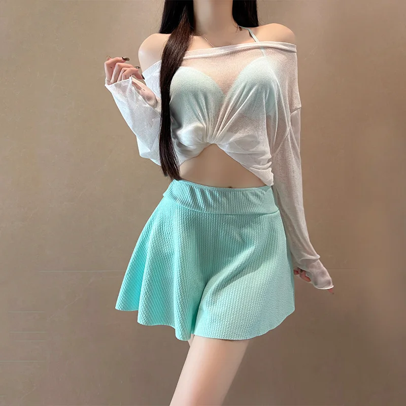 sexy kpop push-up halter stropdas bikini sets drie stukken met perspectief mesh cover kiel A-lijn minirok culottes badpak