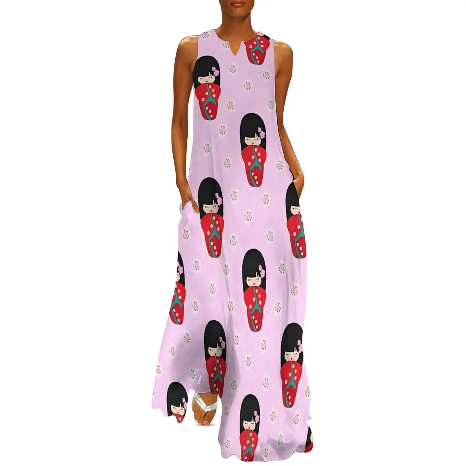 Japanese Dolls Dress Red Kokeshi Kawaii Maxi Dress V Neck Custom Boho Beach Long Dresses Streetwear Big Size Clothes