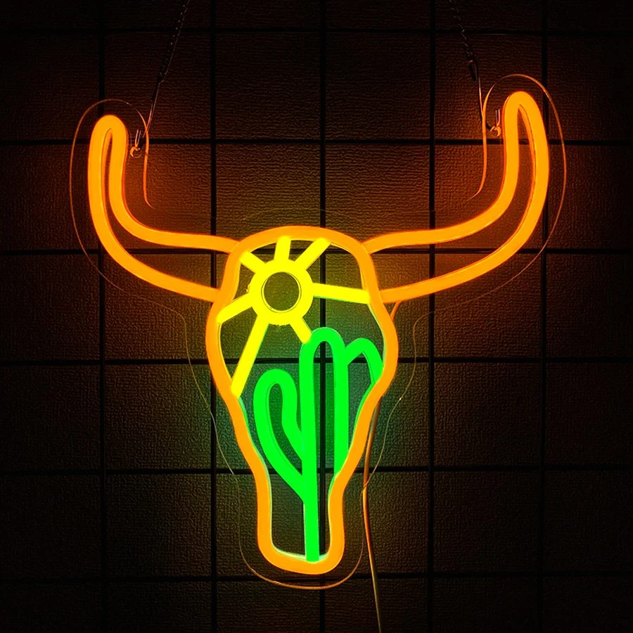 Bull Skull Cactus Sun USB Neon Sign Western Cowboy LED Wall Light Desert Style Decor for Bedroom Bar Man Cave Game Room，usb