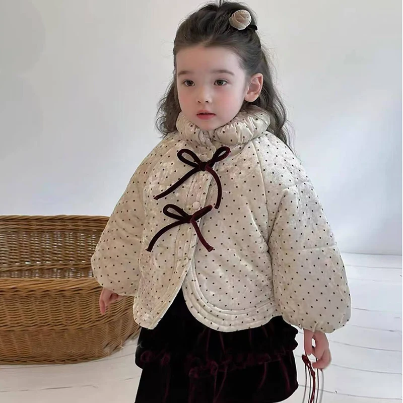 

Girls' Winter Polka Dot Cotton Jacket Fashion Children's Bow Turtleneck Outerwear Korean Baby Girls' Warm Cotton-padded Coats