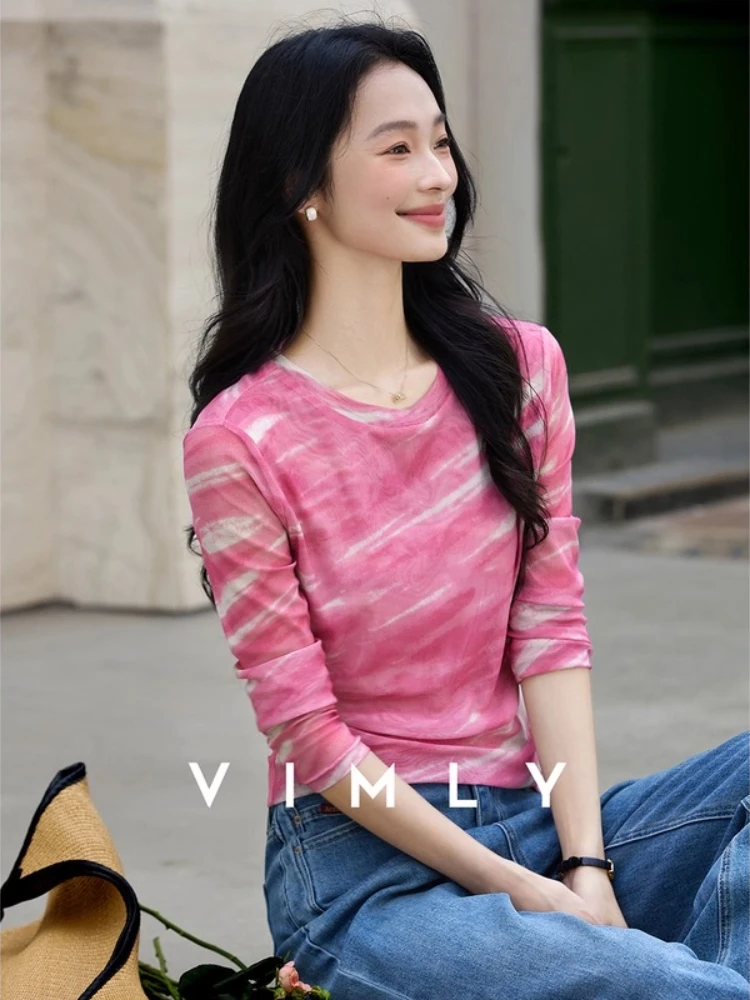 

VIMLY Woman Long Sleeve Gradient T-shirts 2025 New Autumn Crew Neck Gauze Slim-fit Tees Elegant Crop Meme Ladies Tops A2210