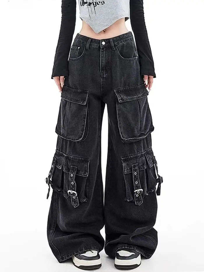 Zwarte Gothic Punk Multi-Pocket Rits Denim Jeans Mannen En Vrouwen Y2K Amerikaanse Baggy Mode Hoge Taille Losse Wijde pijpen Jeans