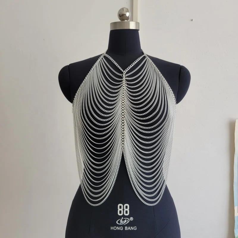 Damen Mehrschichtige Silberne Metall-Ketten Body Top Halter V-Ausschnitt Fransen Body Harness Crop Top Nachtclub Rave Festival Sexy Ketten-Tops – Detail 3