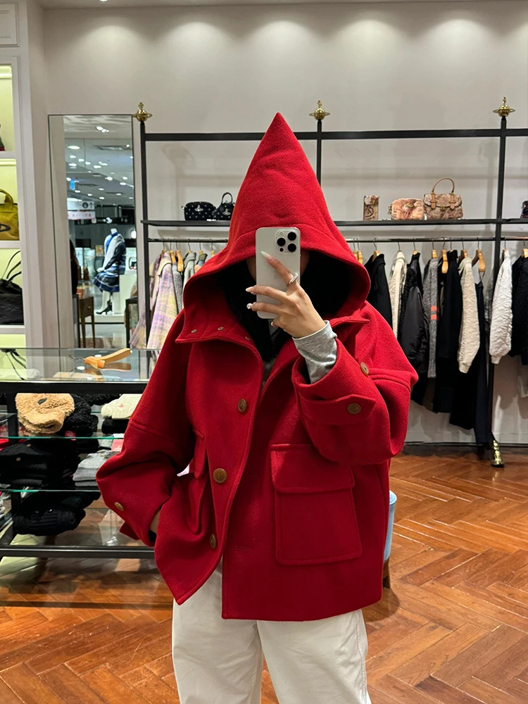 

Witch Hat Sle Button Coat Ladies Warm Cotton Outerwear Festival Red Loose Layering Long Sve Mid-Length Coat