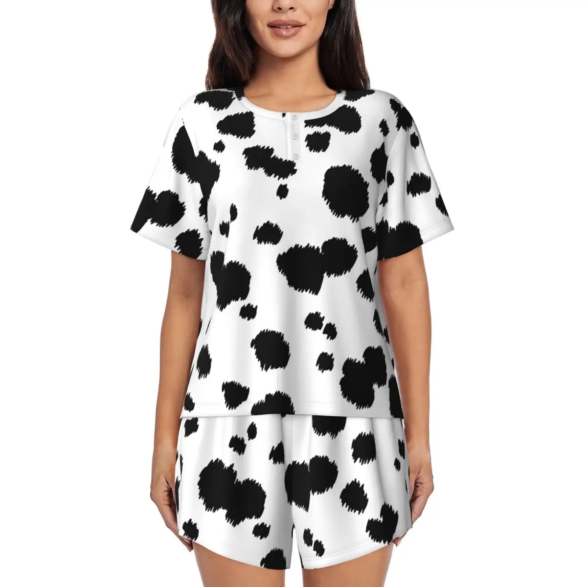 

Dalmatian Dog Texture Round Neck Short Sleeves Nightdress for Sleeping Sleepshirts Women Soft Pajama Set Short Pants