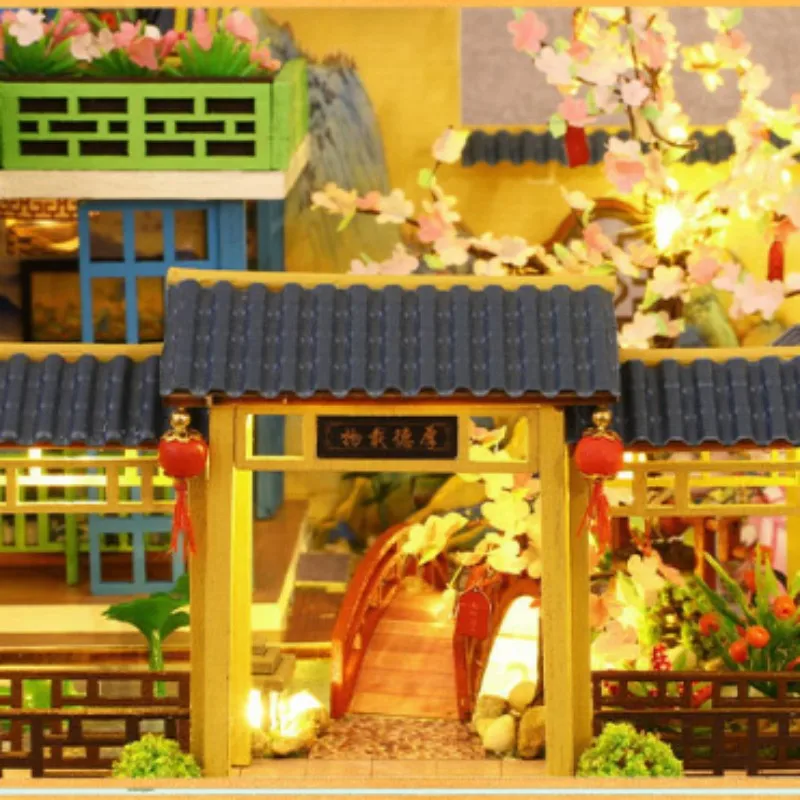 جديد لتقوم بها بنفسك دمية خشبية مع الأثاث ضوء كازا المنزل النمط الصيني فيلا نموذج مصغرة بيت الدمية عدة اللعب هدايا عيد الميلاد #4