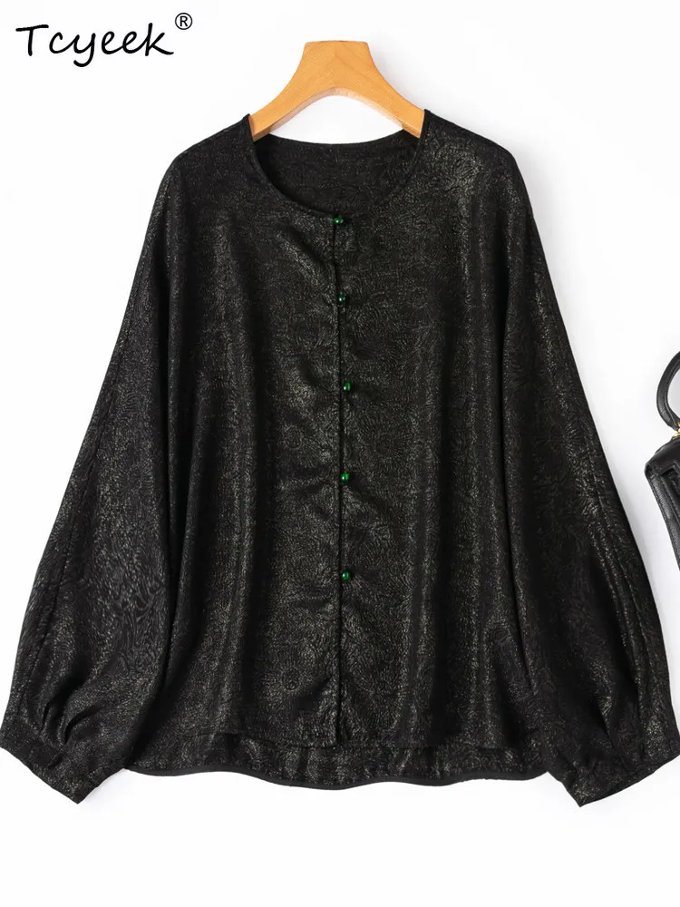 

Tcyeek 43.6% Mulberry Silk Shirt Women Spring Summer Clothes Elegant Womens Shirts Long Sleeve Top Loose Fit Блузка Женская