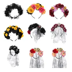 Dia dos Mortos Halloween rosa flor bandana para mulheres, traje de véu preto, cosplay cabeça, festa de casamento Headwear, moda