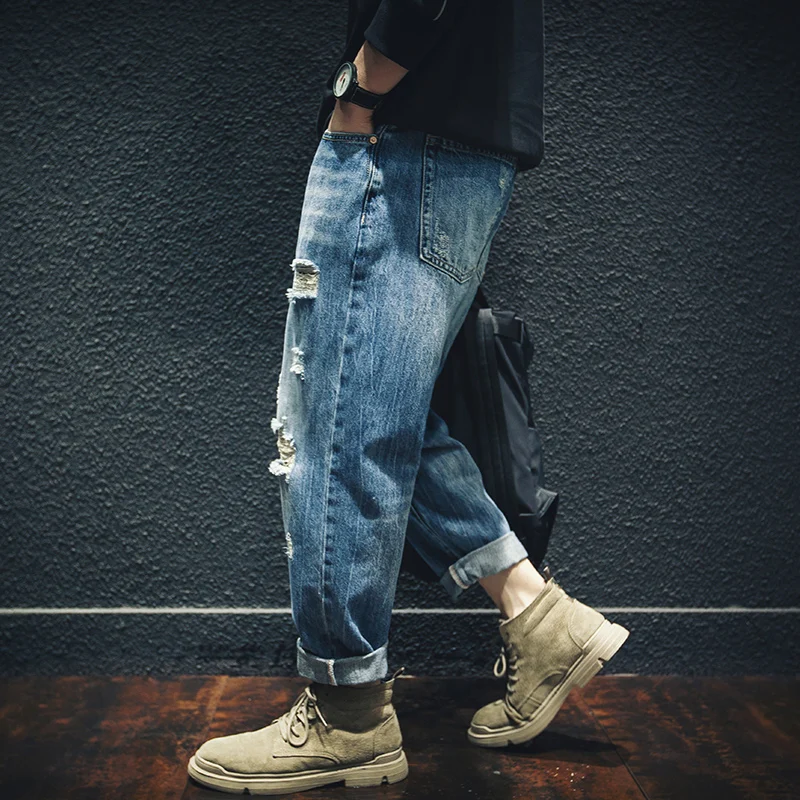 Trendy Men's Loose Fit Denim Jeans Autumn Spring Seasonal Wear Resistant Straight Leg Nine-Tenths Length with Pockets Casual ...