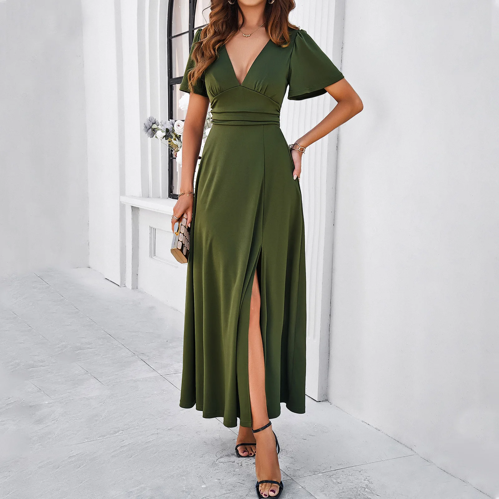 

Elegant Office Lady Womens Dresses Solid Flare Sleeves Sexy V Neck Slit A Line Long Dresses Summer Fashion High-waist Maxi Dress