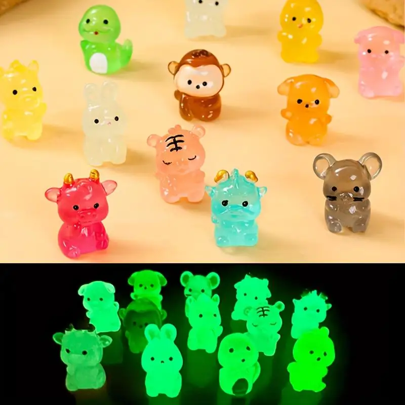 12 Noctilucent Zodiac Animal Sculptures, Holiday Party Gifts, and Birthday Gifts - Cute Resin Figurines with Glowing Mice, Goats