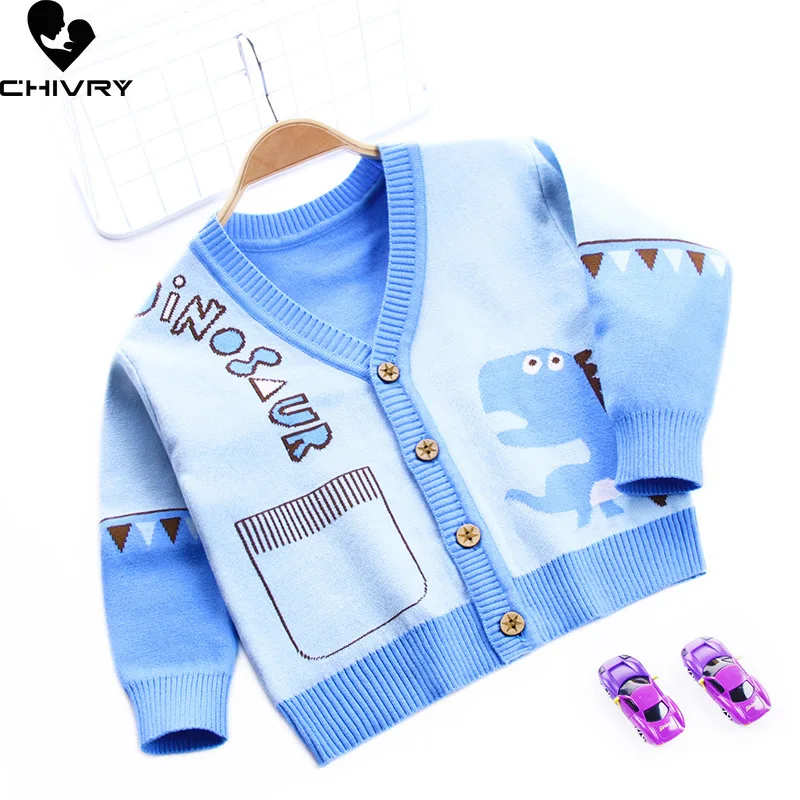 New Autumn Winter Kids Fashion Cardigans Baby Boys Cartoon Dinosaur Single-breasted V neck Knit Cardigan Sweater Coat Outer Wear