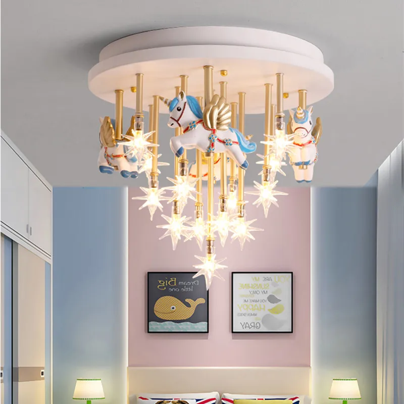 Merry go round shape led cute bedroom chandelier coloured design cartoon animal lamp For Baby Room Kids Room Boy Room Lighting