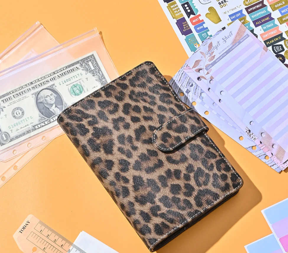 A6 Leopard Print Loose Leaf Cover Plan Book Binder 6 Holes Cash Budget Binder Notebook Office Stationery