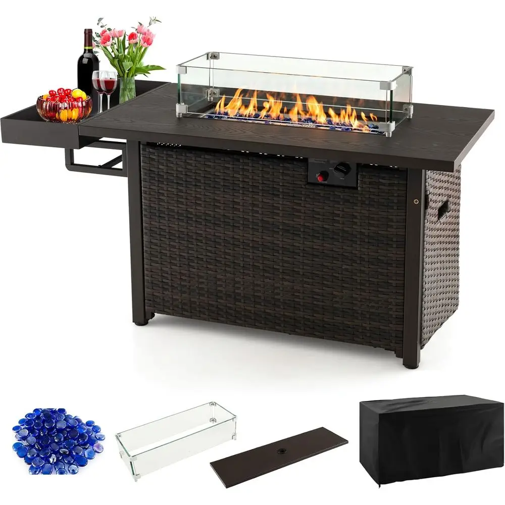 

Уличный газовый очаг на пропане мощностью 50 000 BTU с плетеным столом для патио, крышкой, водонепроницаемым чехлом, ветрозащитным экраном из закаленного стекла, синим огнем и защитой от огня