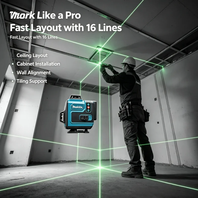 Top Ranked Makita 4D16 Lines Portable Laser Level With Shockproof Complete Carry Storage Case 18V 6.0Ah High Drain Battery